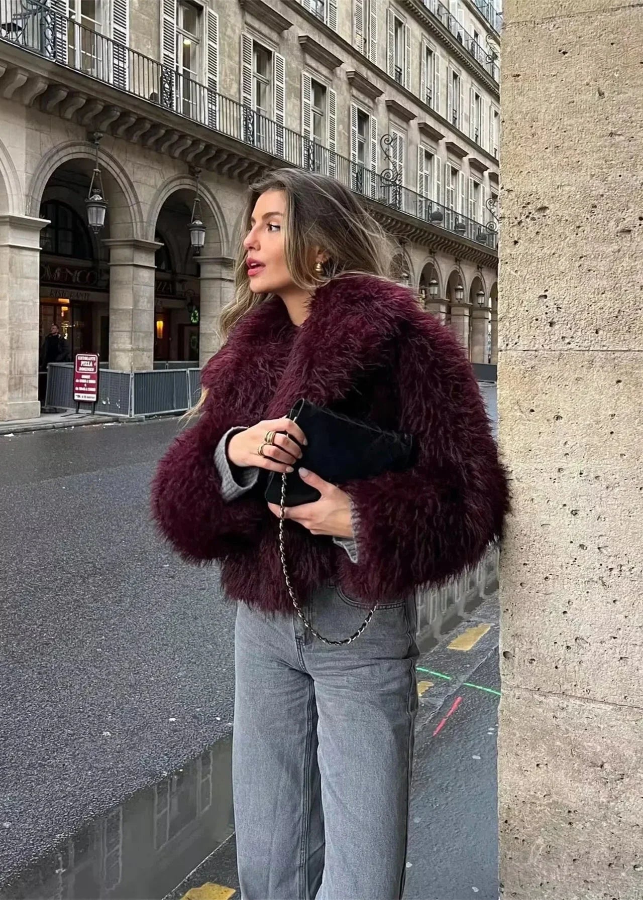 Bordo Şık Suni Kürk Kışlık Ceket