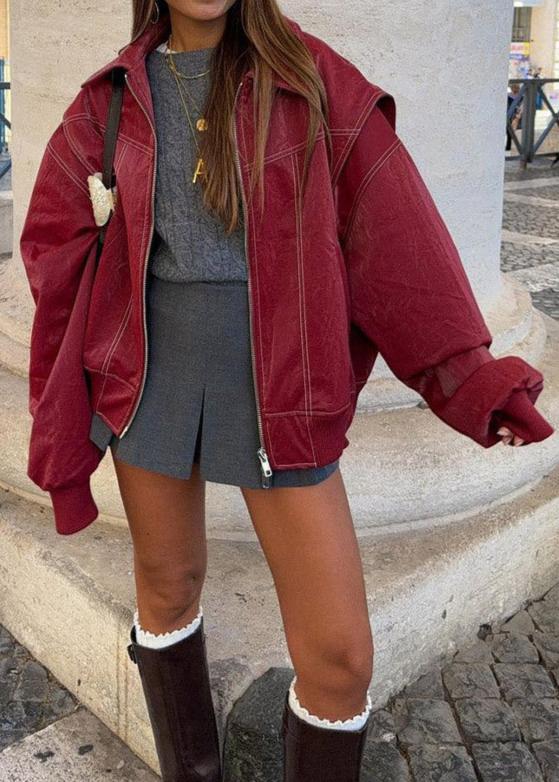 Oversize Şarap Kırmızı Fermuarlı Ceket