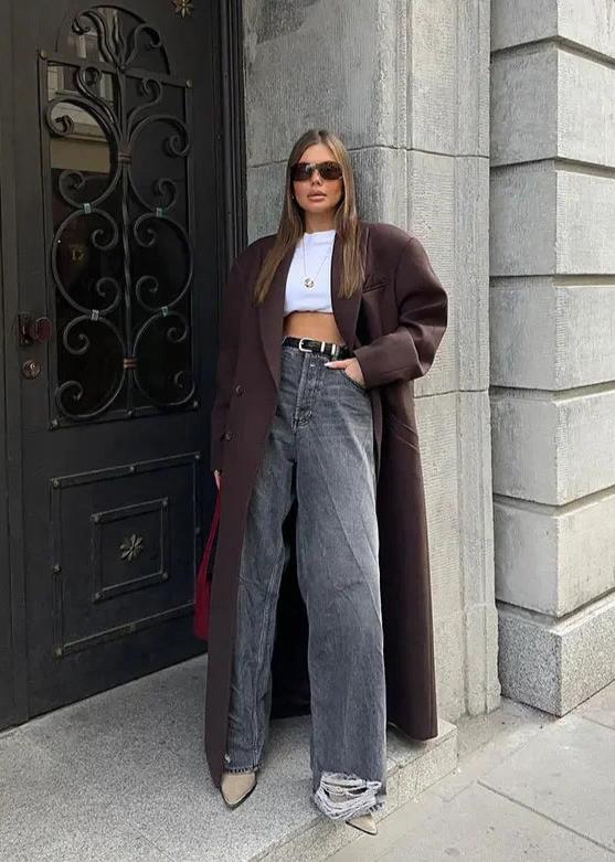Oversize Kruvaze Yün Görünümlü Kaban