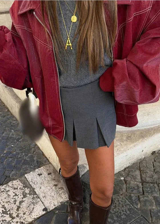 Oversize Şarap Kırmızı Fermuarlı Ceket