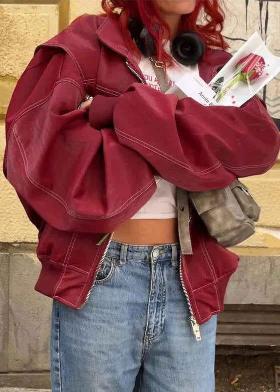 Oversize Şarap Kırmızı Fermuarlı Ceket