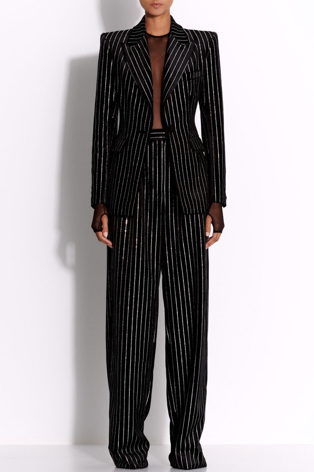 Ally Crystal İnce Çizgili Blazer Takım - Siyah