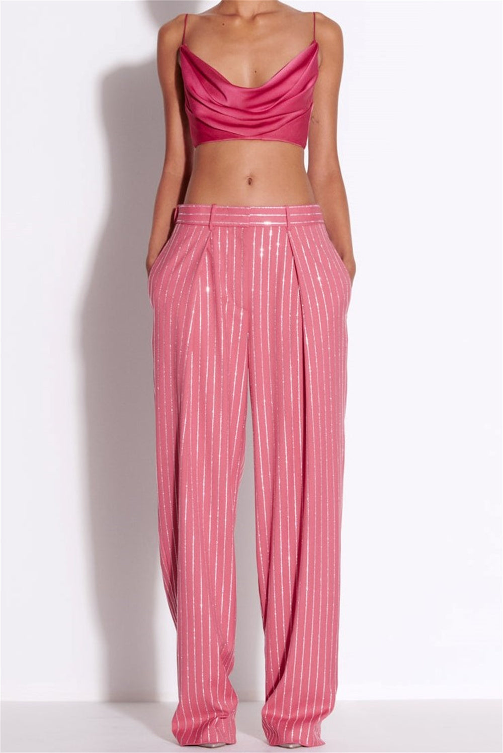 Ally Crystal İnce Çizgili Blazer Takım - Pembe
