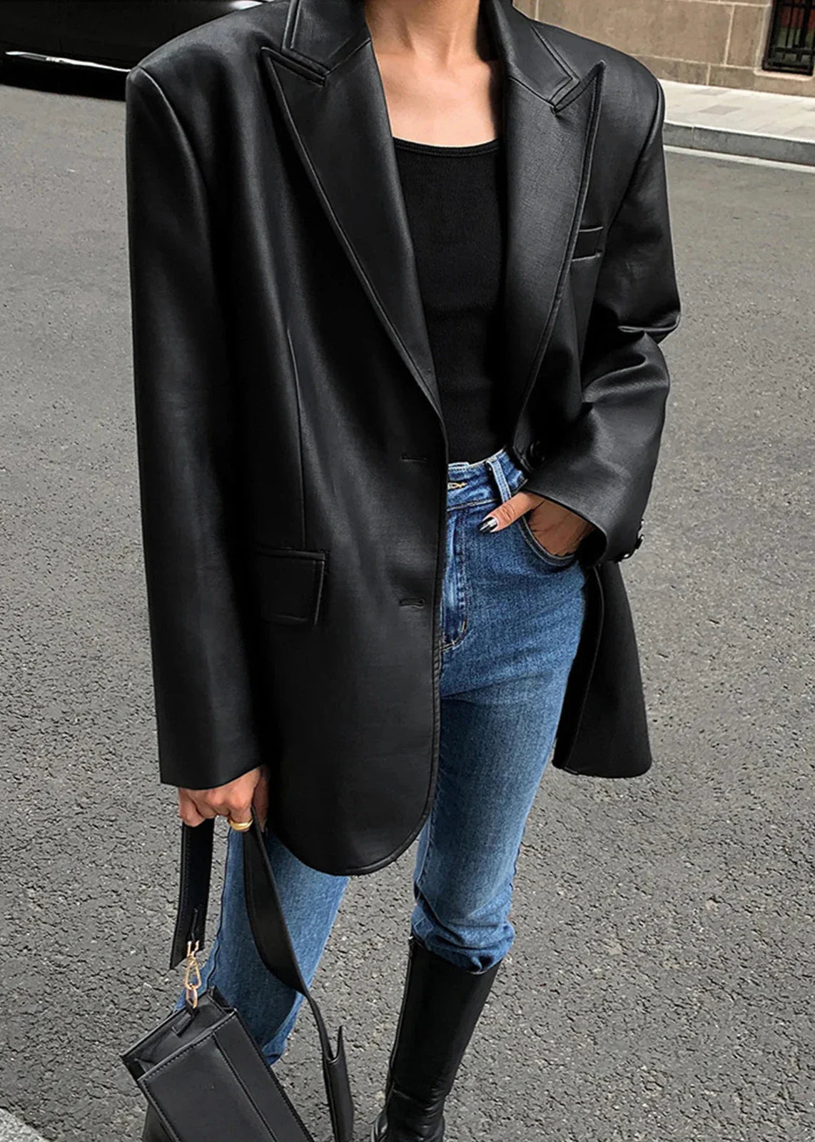 Şık Siyah Suni Deri Blazer