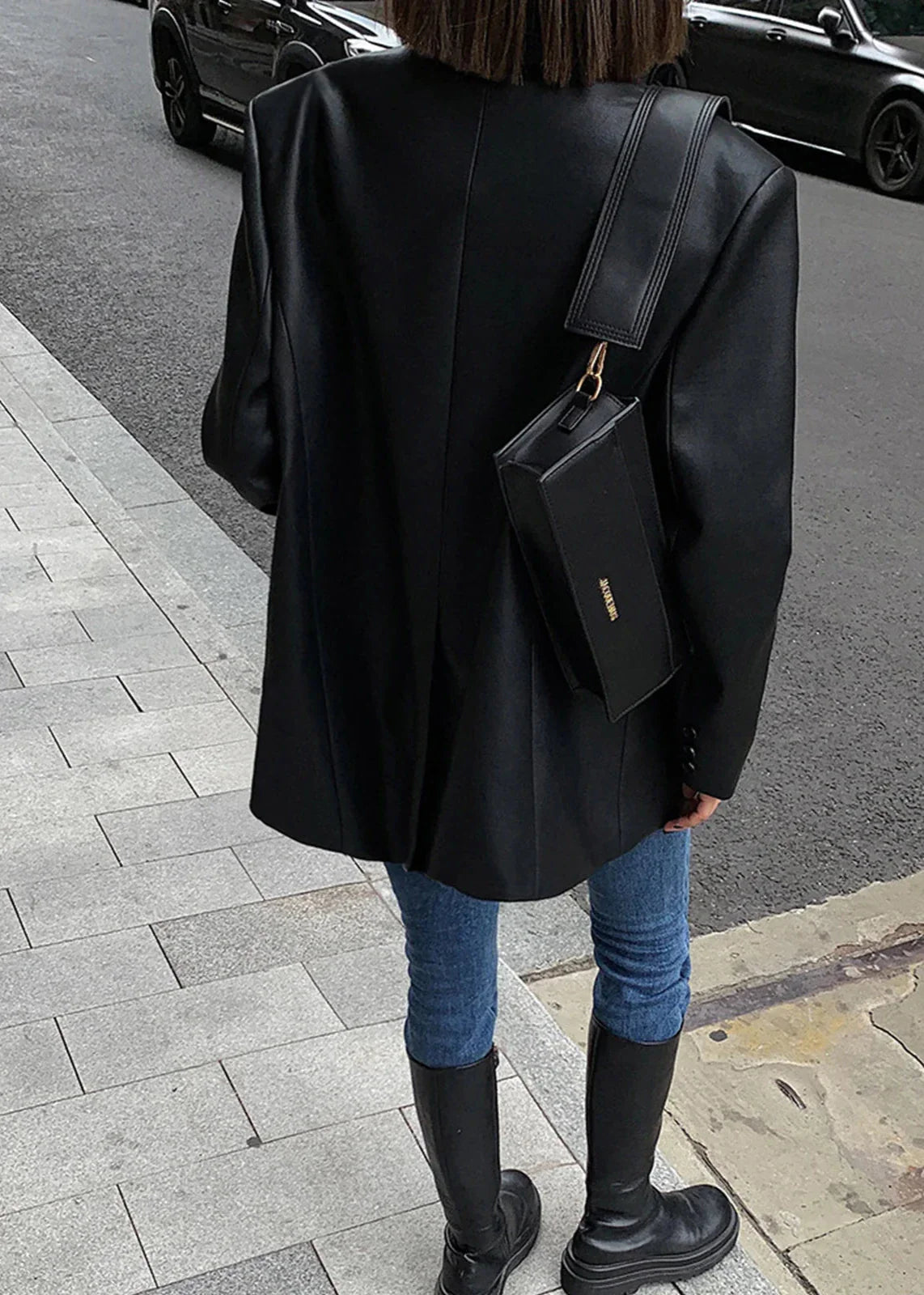 Şık Siyah Suni Deri Blazer