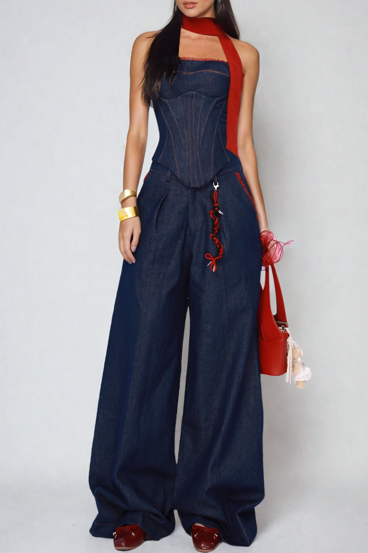 Kyra Straplez Bağcıklı Denim Takım