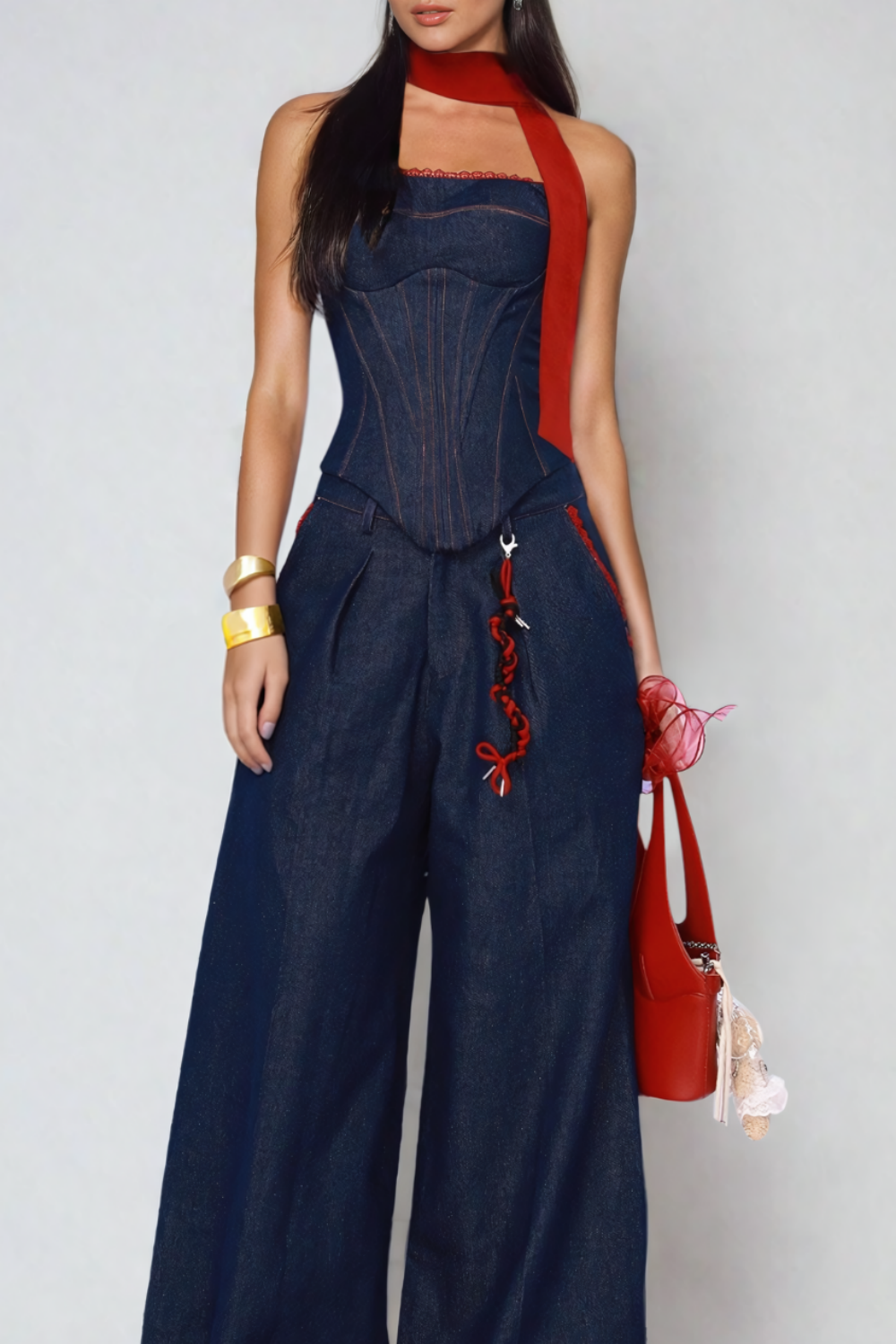 Kyra Straplez Bağcıklı Denim Takım