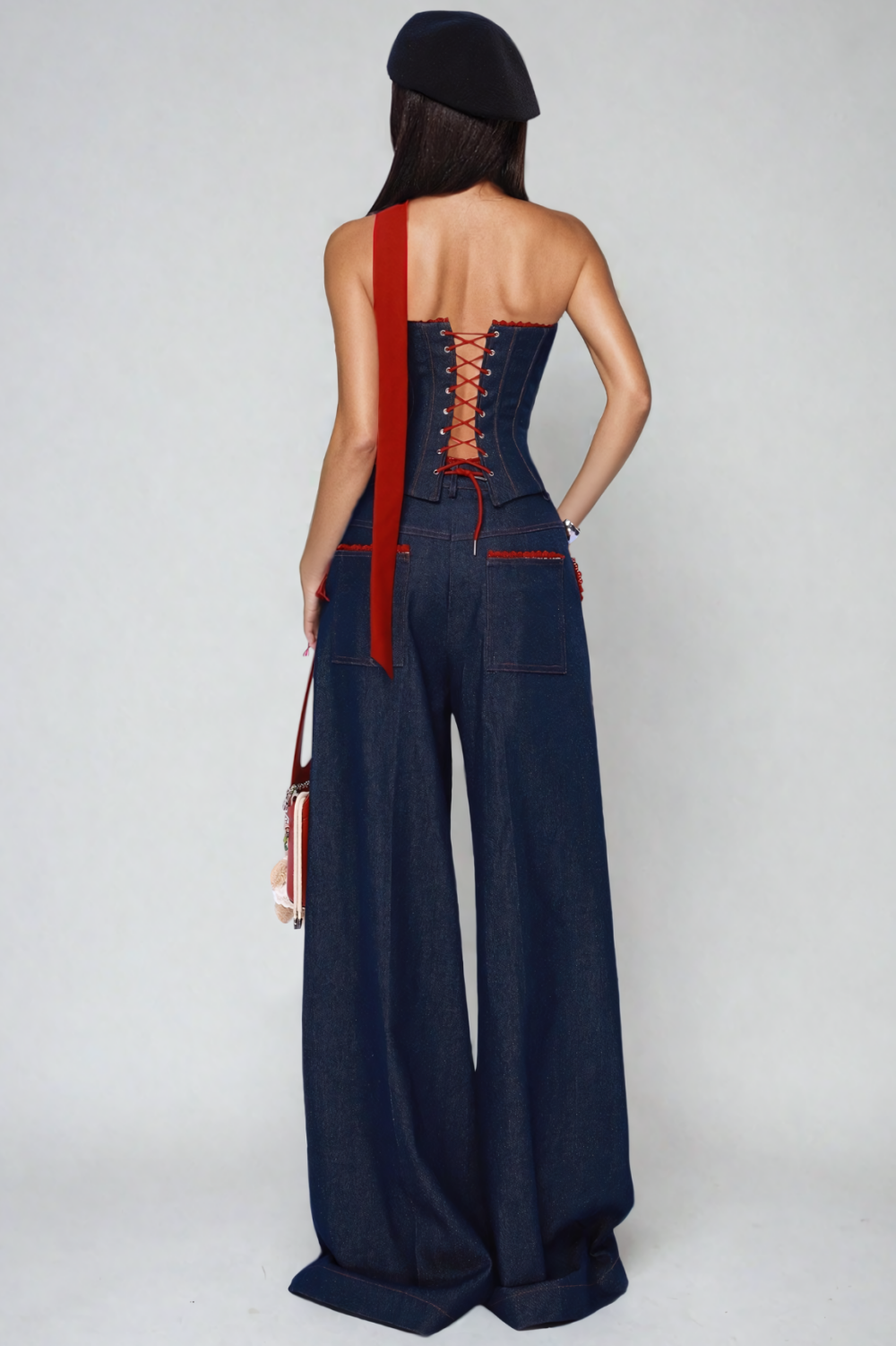 Kyra Straplez Bağcıklı Denim Takım