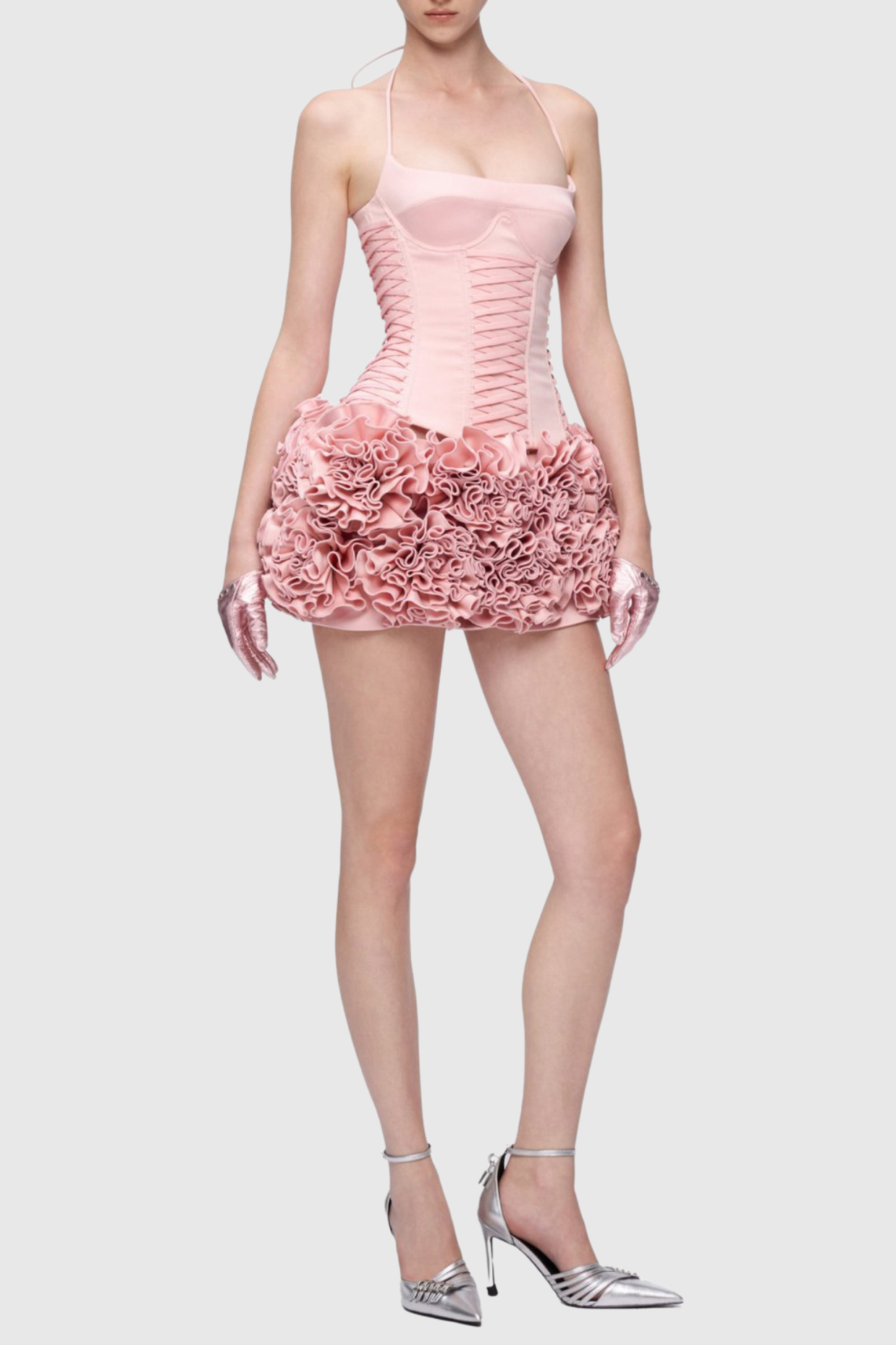 Cindia Çiçekli Bağcıklı Korse İki Parçalı Takım - Pembe