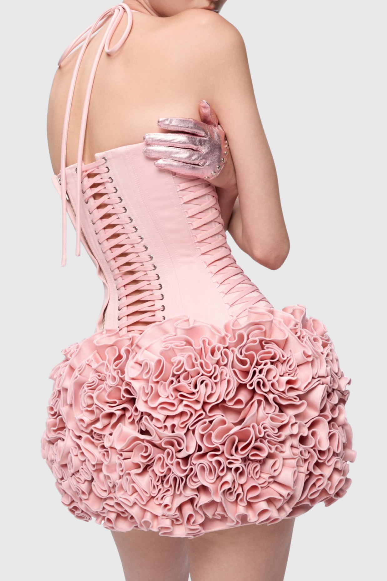 Cindia Çiçekli Bağcıklı Korse İki Parçalı Takım - Pembe