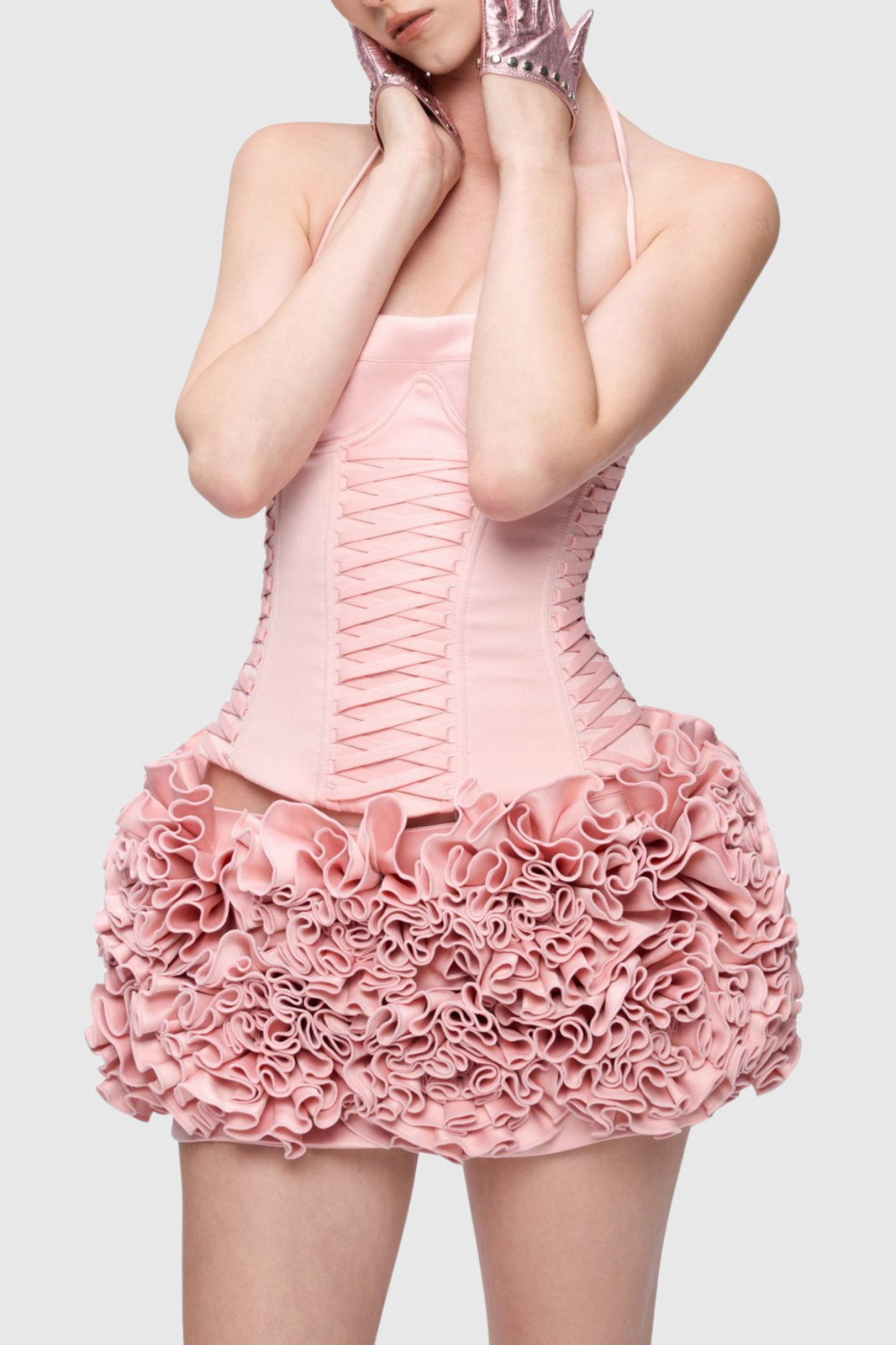 Cindia Çiçekli Bağcıklı Korse İki Parçalı Takım - Pembe