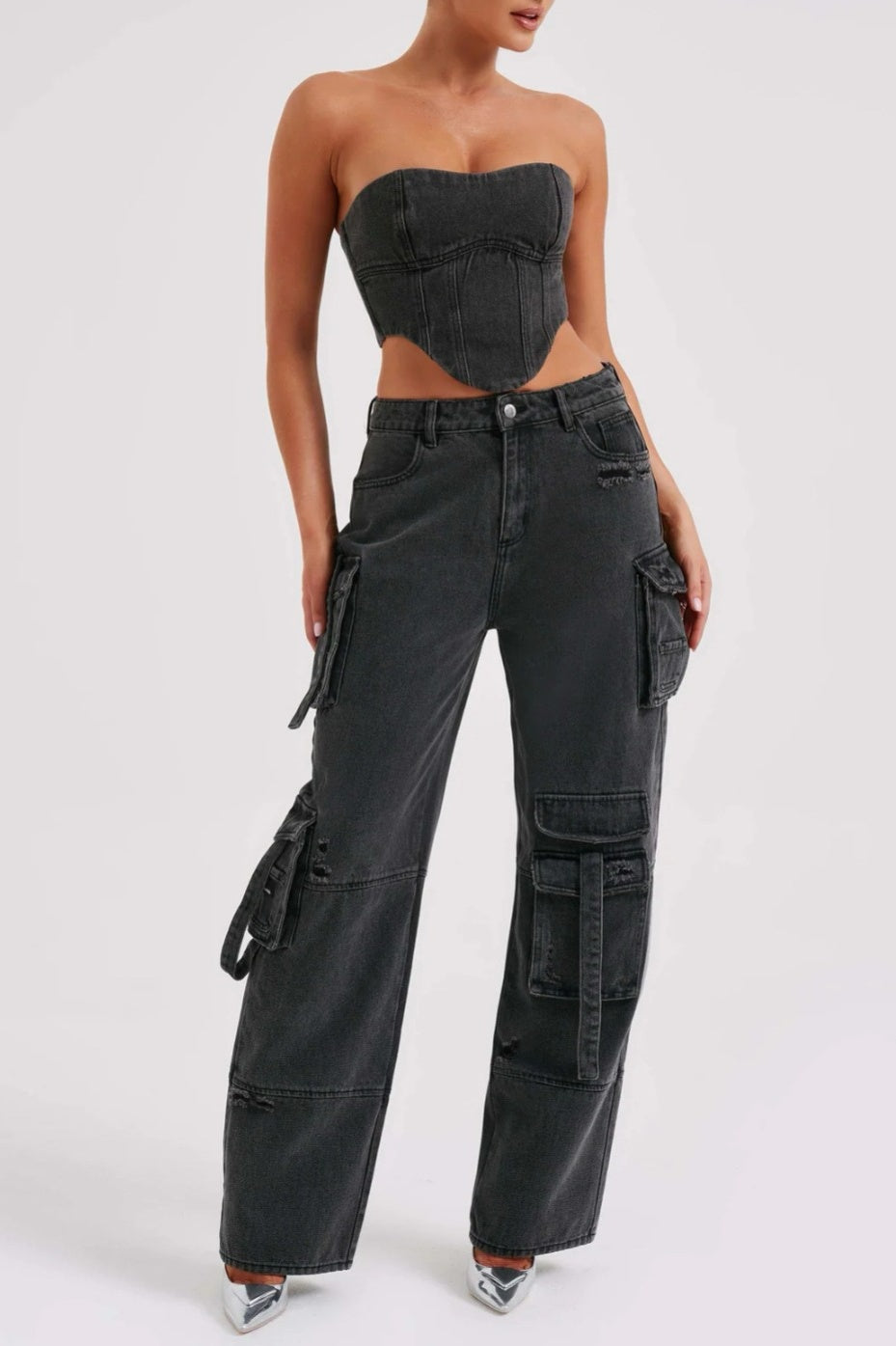 Lyric Cargo Denim Set - Siyah
