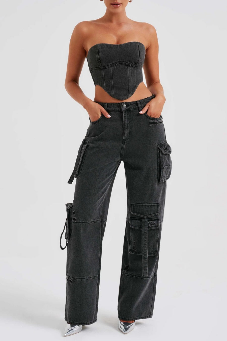 Lyric Cargo Denim Set - Siyah