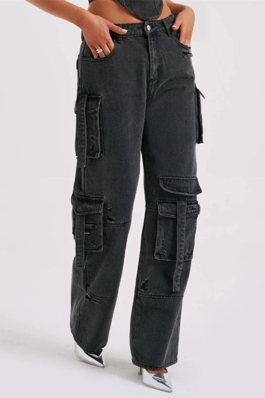 Lyric Cargo Denim Set - Siyah