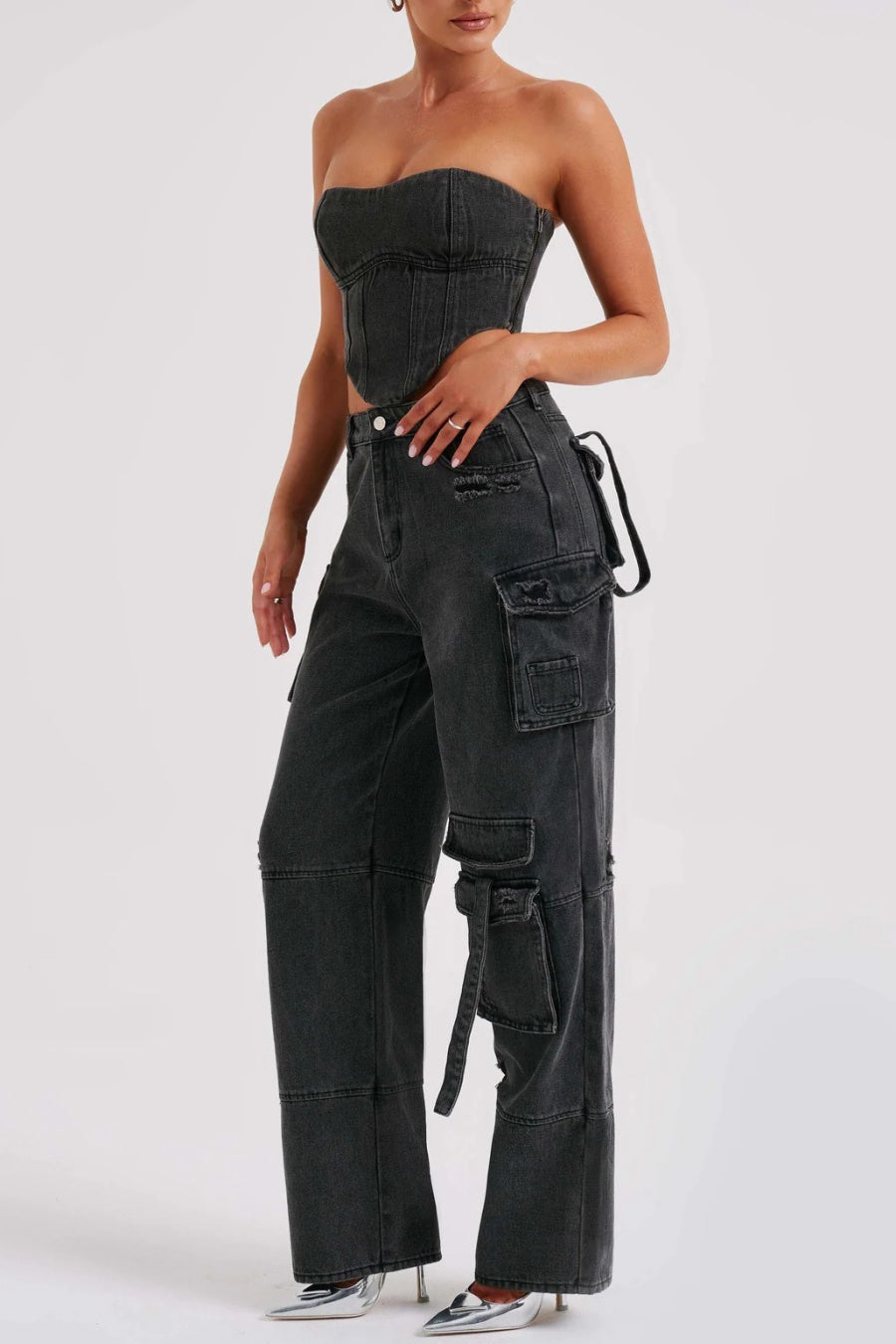 Lyric Cargo Denim Set - Siyah