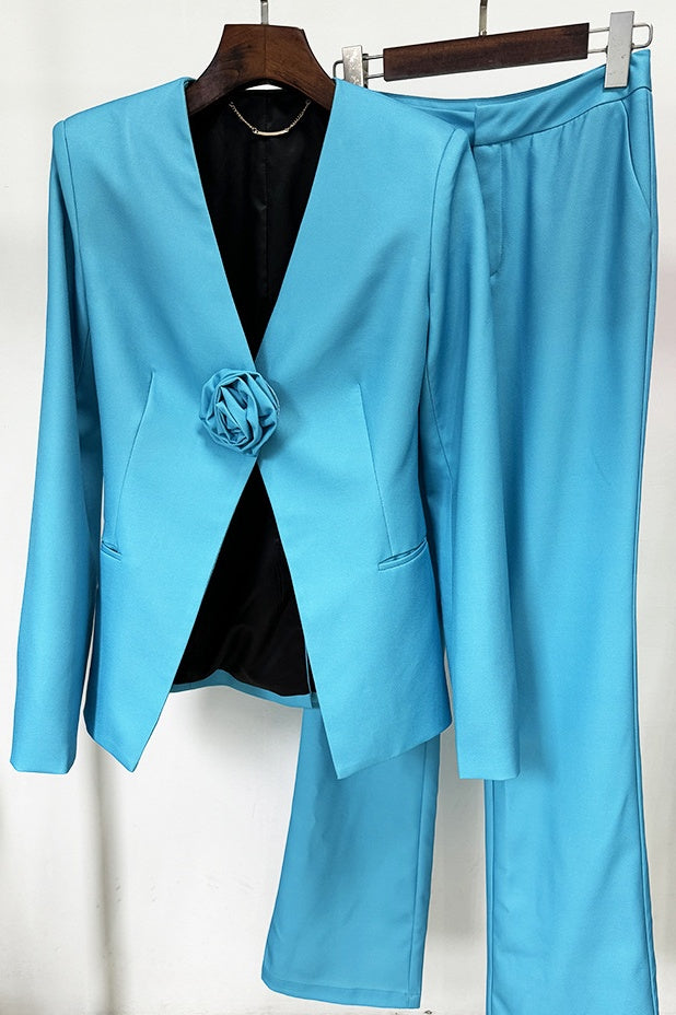 Minya Gül İşlemeli Yakasız Blazer Takım