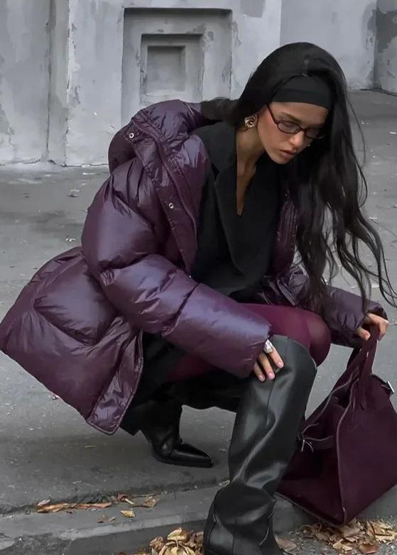 Mürdüm Parlak Oversize Şişme Ceket