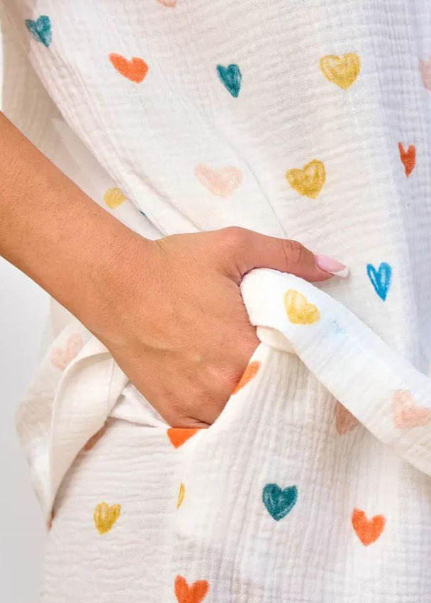 Pamuklu Gazlı Bez Kalp Desenli Pijama Takımı