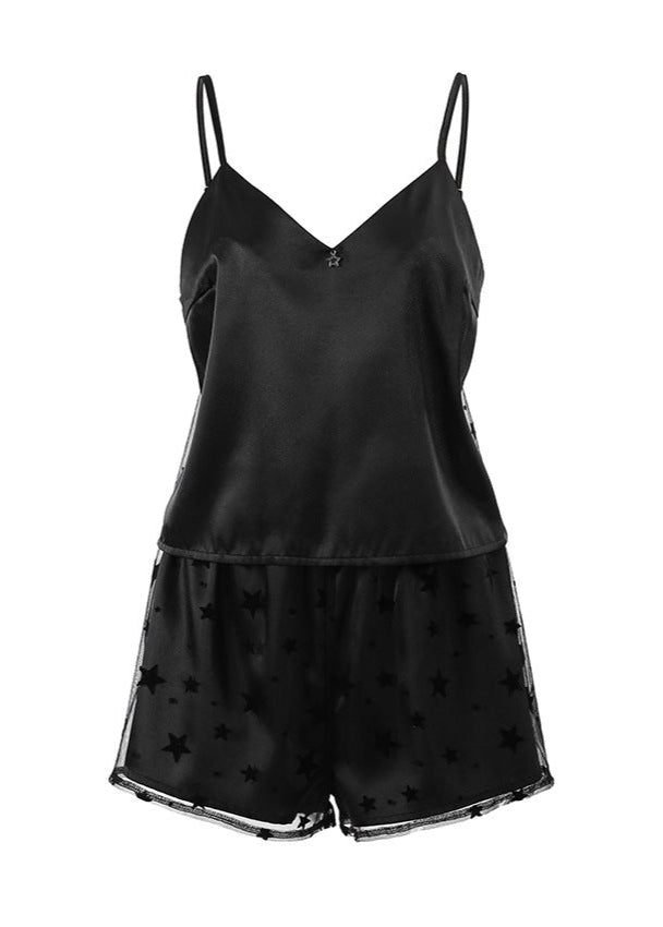 Saten & Transparan Yıldız Fileli Pijama Takımı