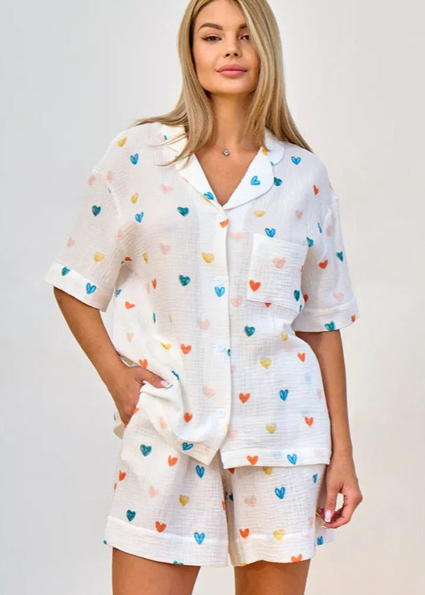 Pamuklu Gazlı Bez Kalp Desenli Pijama Takımı