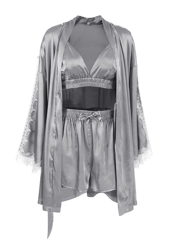 Gümüş Saten Dantelli Pijama Takımı