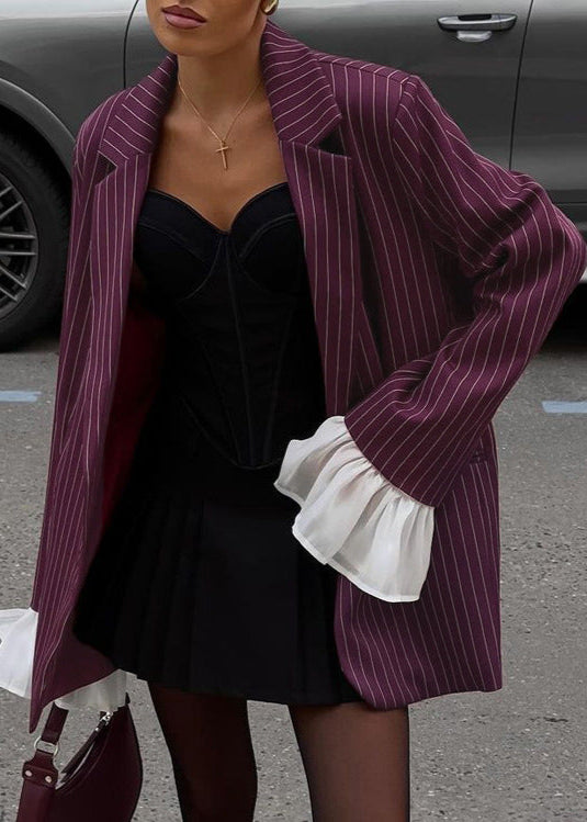 Açıklama Kollu Bordo İnce Çizgili Blazer