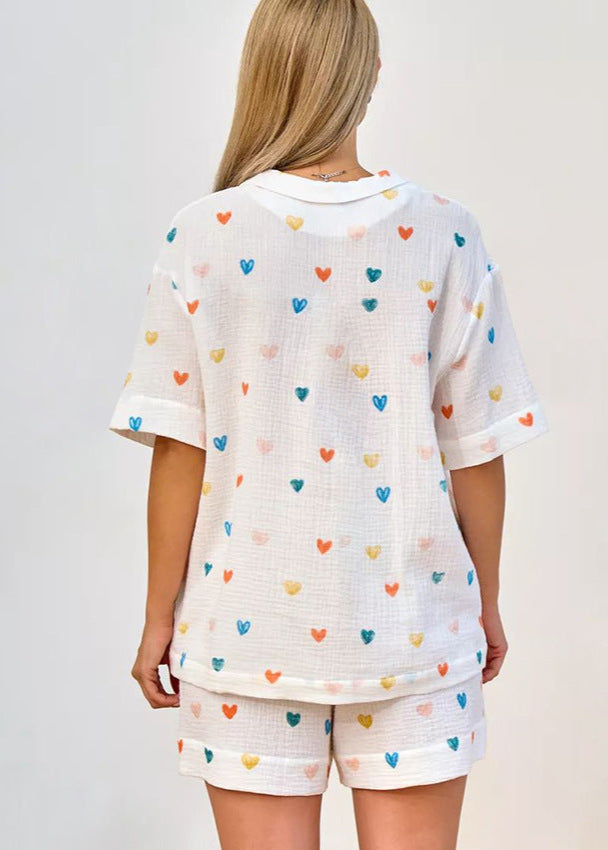 Pamuklu Gazlı Bez Kalp Desenli Pijama Takımı