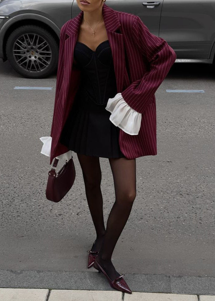 Açıklama Kollu Bordo İnce Çizgili Blazer