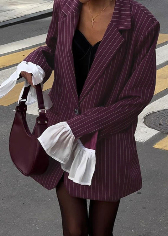 Açıklama Kollu Bordo İnce Çizgili Blazer