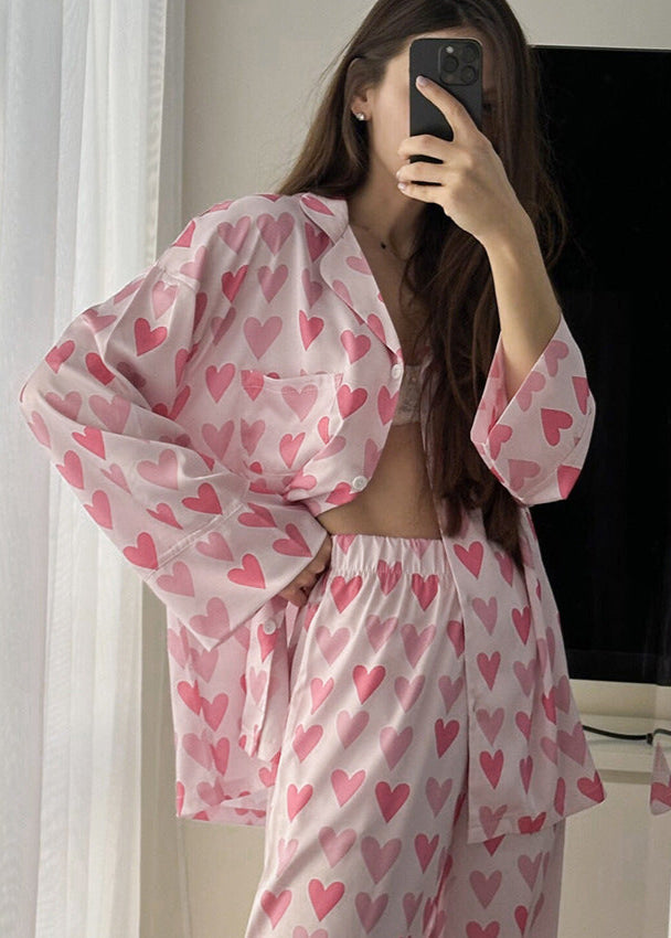 Kalp Desenli Saten Pijama Takımı