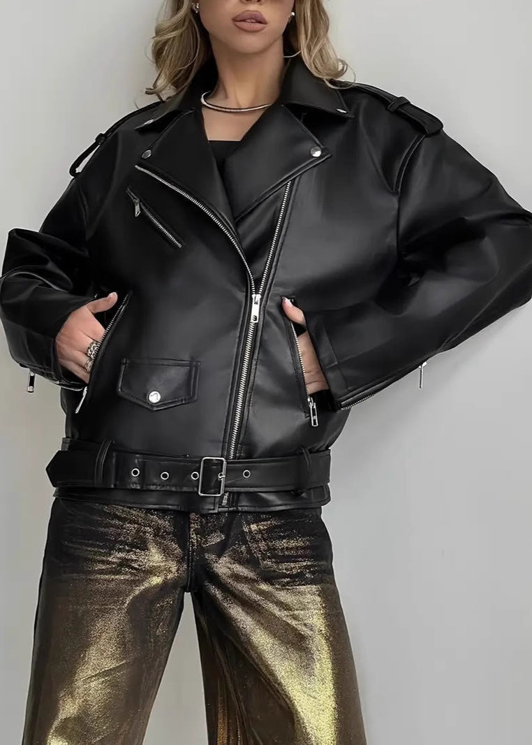 Oversize Suni Deri Biker Ceket