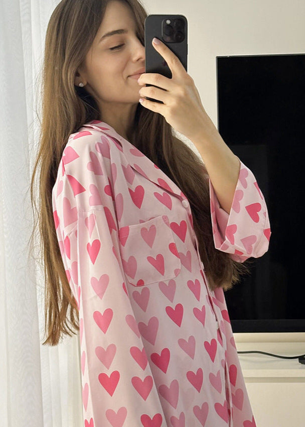 Kalp Desenli Saten Pijama Takımı
