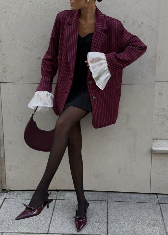 Açıklama Kollu Bordo İnce Çizgili Blazer