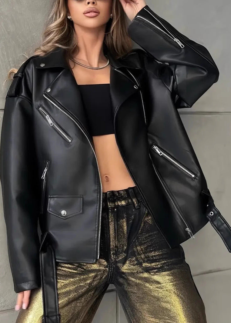 Oversize Suni Deri Biker Ceket