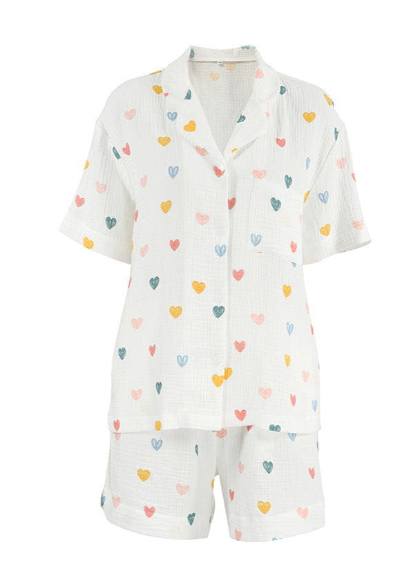 Pamuklu Gazlı Bez Kalp Desenli Pijama Takımı