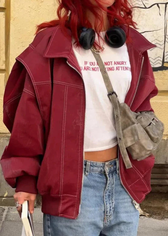 Oversize Şarap Kırmızı Fermuarlı Ceket