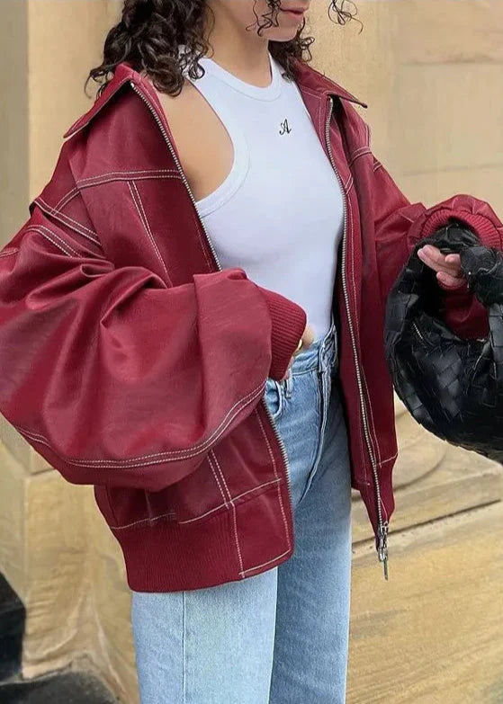 Oversize Şarap Kırmızı Fermuarlı Ceket