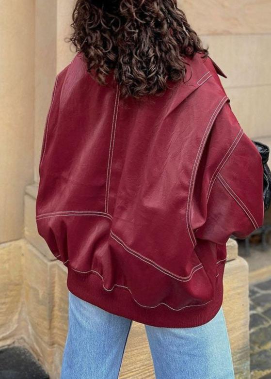 Oversize Şarap Kırmızı Fermuarlı Ceket