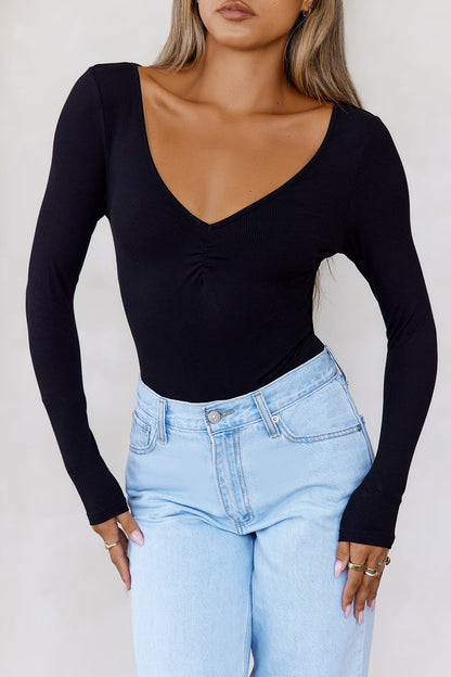 Base The Flatter Me Uzun Kollu Fitilli Bodysuit Siyah