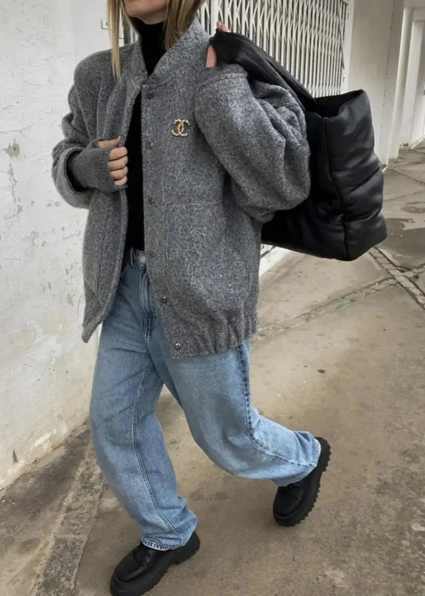 Gri Klasik Buklet Bomber Ceket