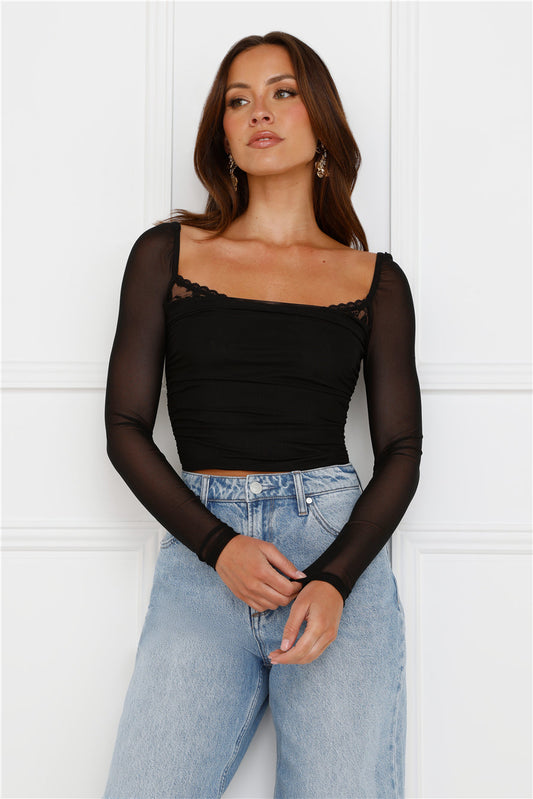 Decadent Style File Uzun Kollu Crop Top Siyah