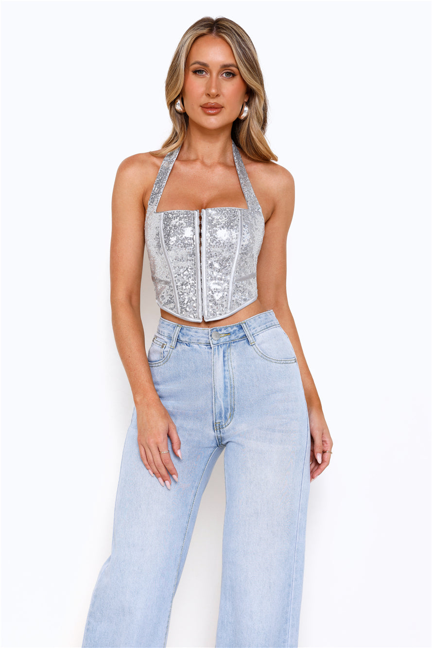 Payet Sürümü Halter Korse Crop Top Gümüş