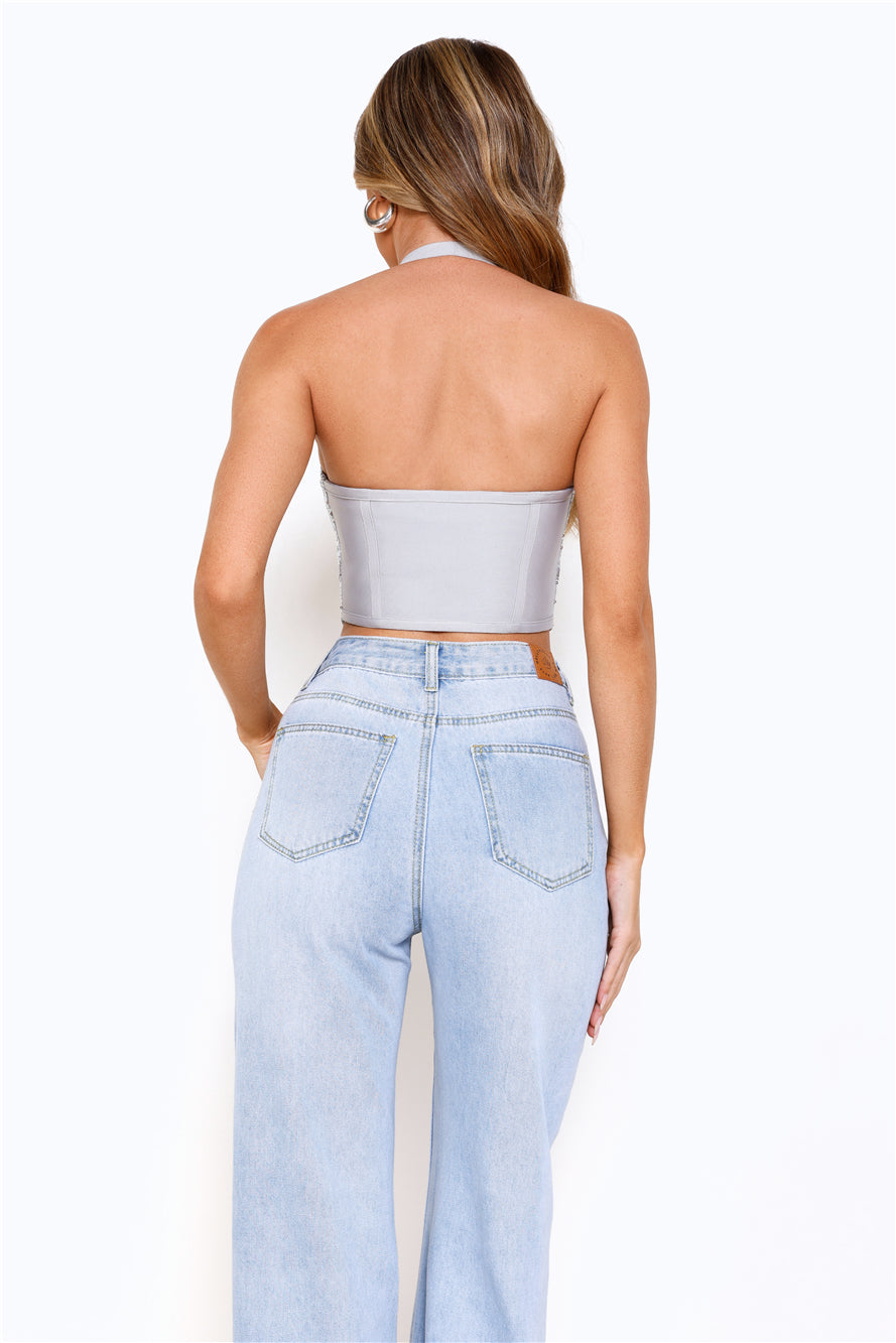 Payet Sürümü Halter Korse Crop Top Gümüş