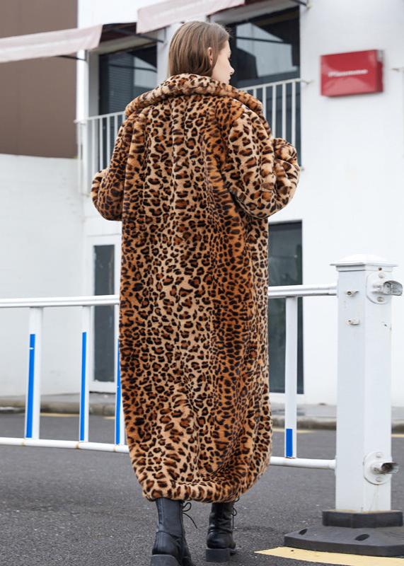 Takım Yakalı Leopar Desenli Suni Kürk Uzun Kaban