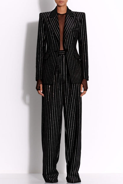 Ally Crystal İnce Çizgili Blazer Takım - Siyah