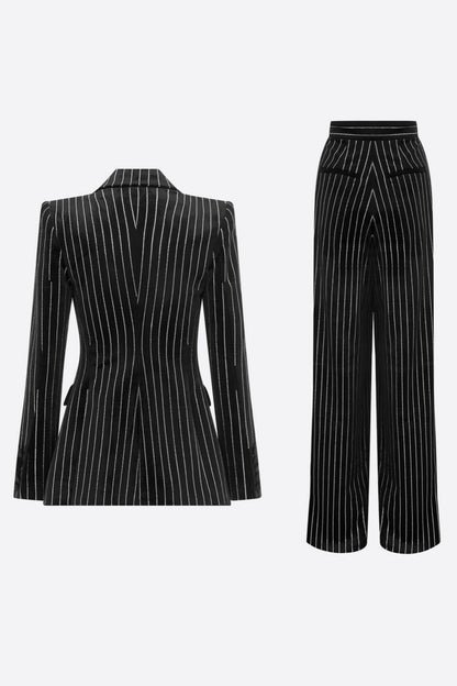 Ally Crystal İnce Çizgili Blazer Takım - Siyah