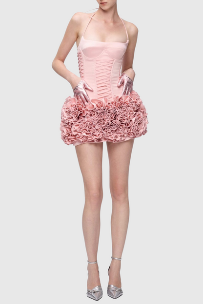 Cindia Çiçekli Bağcıklı Korse İki Parçalı Takım - Pembe