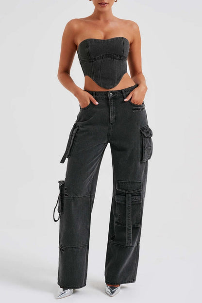 Lyric Cargo Denim Set - Siyah