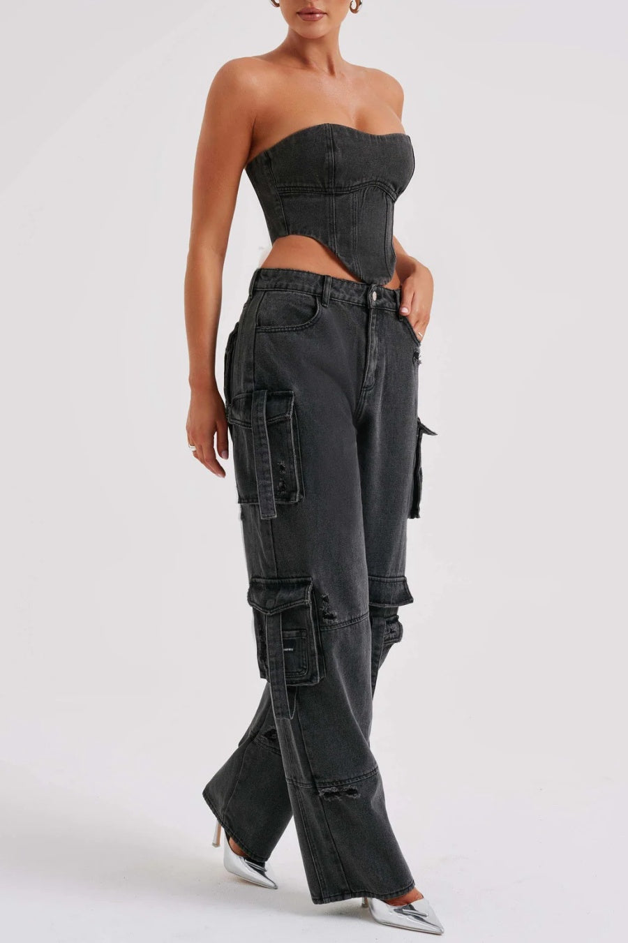 Lyric Cargo Denim Set - Siyah