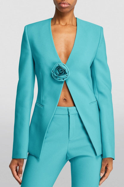 Minya Gül İşlemeli Yakasız Blazer Takım